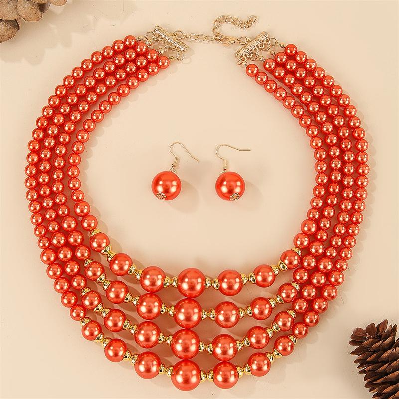 

1 комплект Преувеличенное многослойное круглое ожерелье из бусин и имитации циркона и серьги Наборы с цирконом Эффектное колье-чокер ручной работы оранжевый