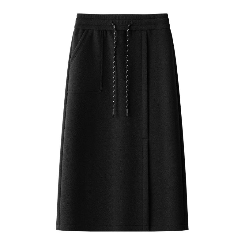 2024 Khaki Vlněná Midi Sukně pro Ženy – Podzim/Zima, Elastický Pas, Rovná Přiléhavá se Předním Rozparkem, Délka ke Kotníkům