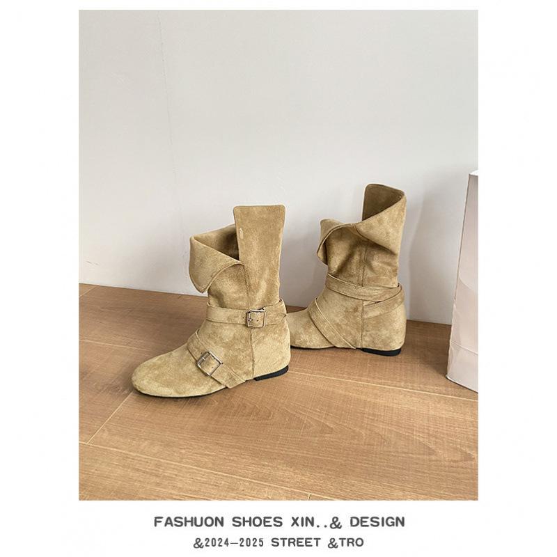 Korean suede retro small square head two wear folded thick heel belt buckle short boots women's autumn and winter Martin boots short boots