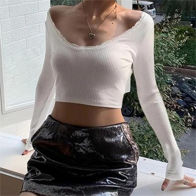 Sexy krajkový camisole na šněrování, dlouhý rukáv, s halter krkem, crop top