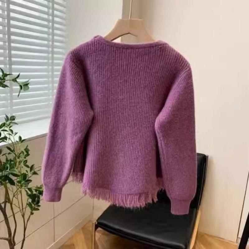 Short Long Sleeved Sweater Top for Women with Spring and Autumn Tassel Design Loose Knit Base Sweater