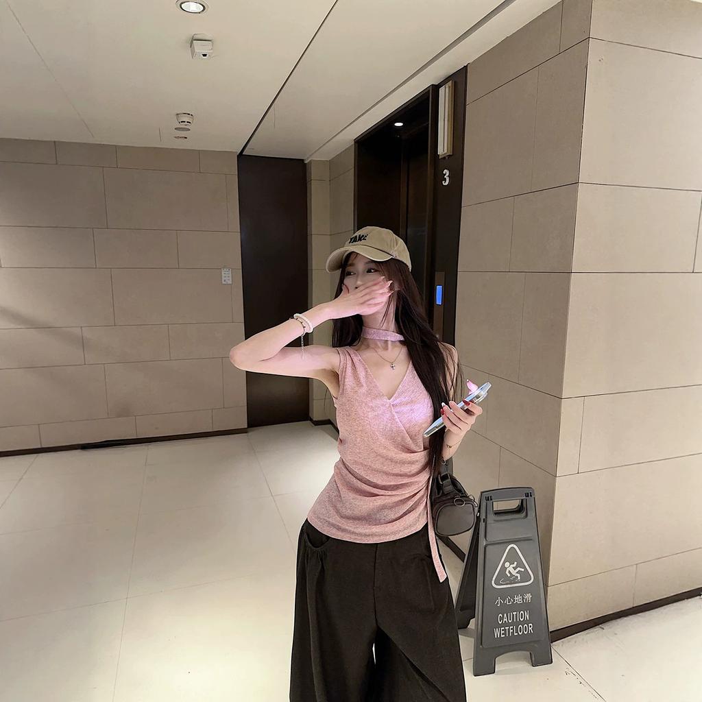 Irregular streamer sling vest women's summer wear beautiful back French pink high-end sleeveless neck top