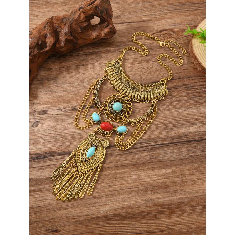 

Vintage Turquoise Multilayer Waterdrop Pendant Necklace For Women With Tassel Style золотий