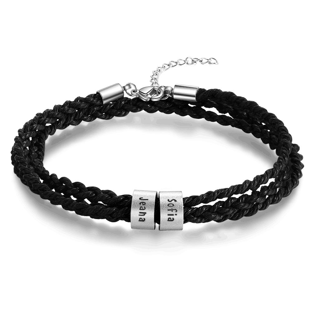 Lemegeton Custom Mens Bracelet 1-7 Names Engraved Beads Braided Leather Bracelets on Hand Personalized Jewelry Friendship Family