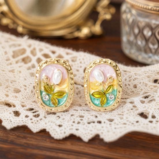 1 Par de Brincos de Tarraxa Flor Esmaltada para Mulheres, Brincos de Tarraxa Flor de Pérola Artificial Strass, Presente de Joia para Namorada Esposa Mãe Filha