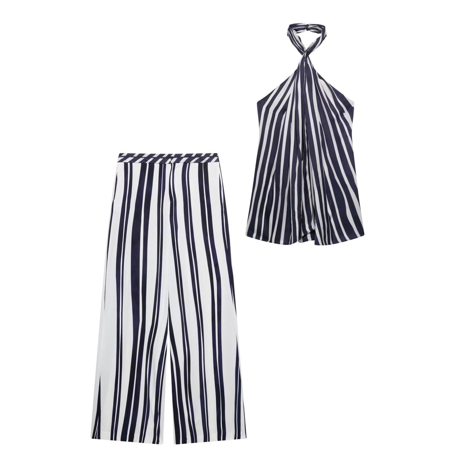 

TAOP&ZA Spring/Summer Women s Halter Top & Striped Loose Long Pants Set L