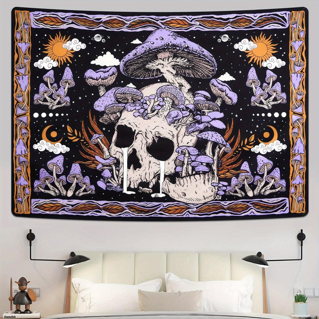 Bohemian Skull Tapestry Wall Hanging Flat Print Gothic Mushroom Skull Design Bohemian Style Aesthetic Decor for Bedroom