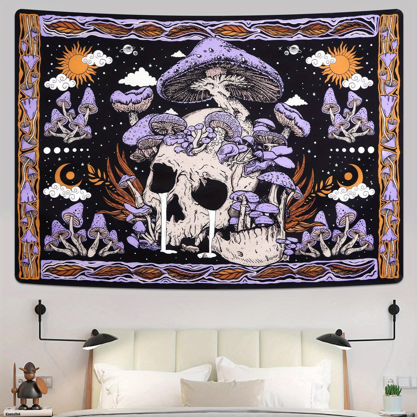 Bohemian Skull Tapestry Wall Hanging Flat Print Gothic Mushroom Skull Design Bohemian Style Aesthetic Decor for Bedroom 74x94cm(29x37in)