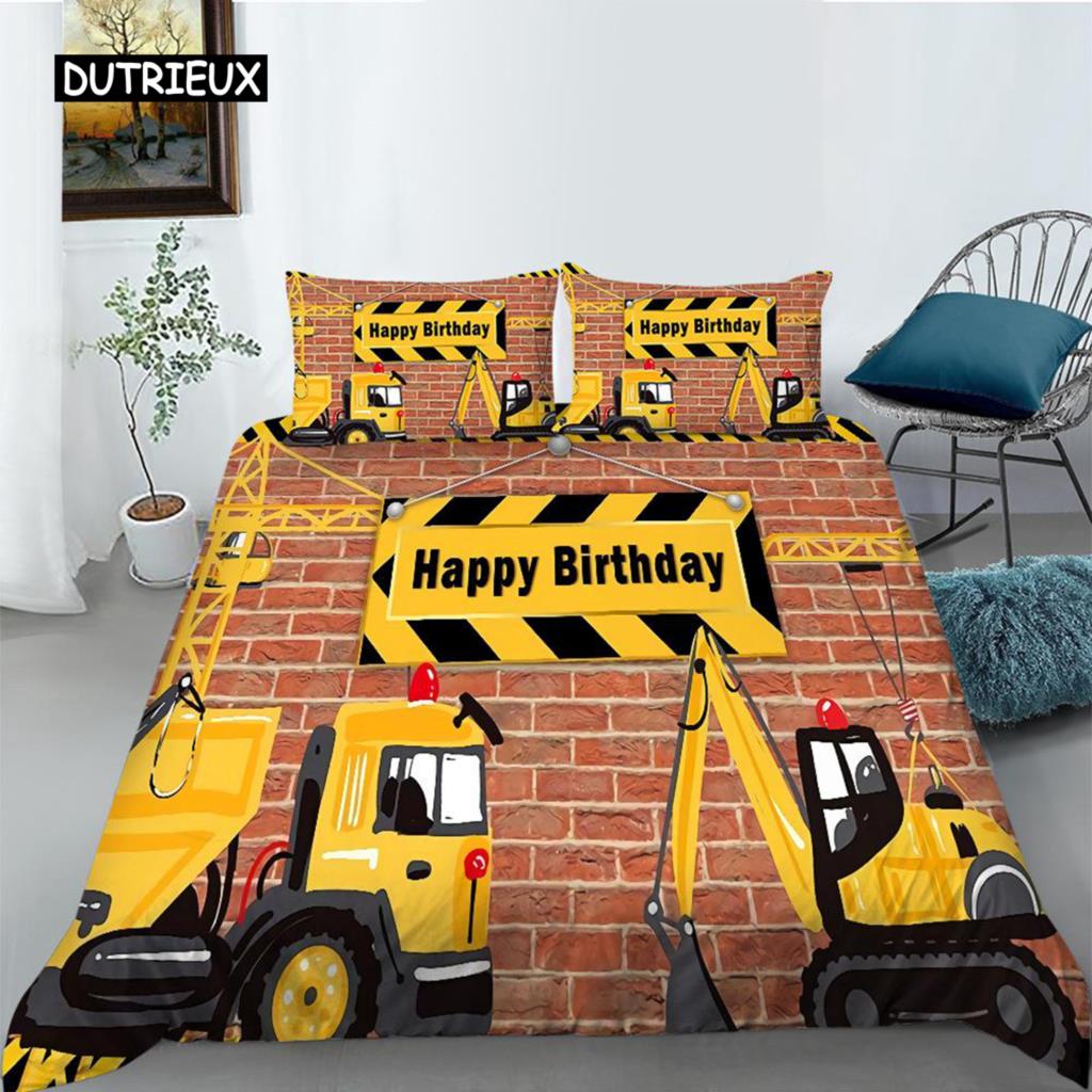 Baufahrzeug Bettbezug Mikrofaser Cartoon Baufahrzeug Druck Bettwäscheset Geschenk Alles Gute zum Geburtstag Muster Steppdeckenbezug