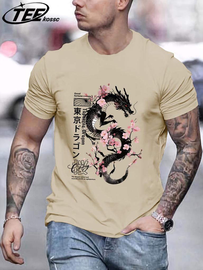 Sakura Tokyo Dragon Print Men TShirts Cotton Crewneck Vintage Short Sleeve Fashion Summer Top Unisex Sports AllMatch Clothing