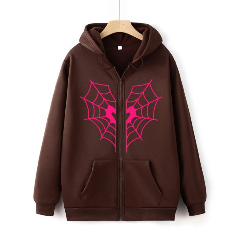 Spider Web Print Y2K Zipper Sweatshirt Streetwear Vintage Autumn Unisex Zip-up Hoodie Harajuku Fashion Spider Graphic Zip Hoody