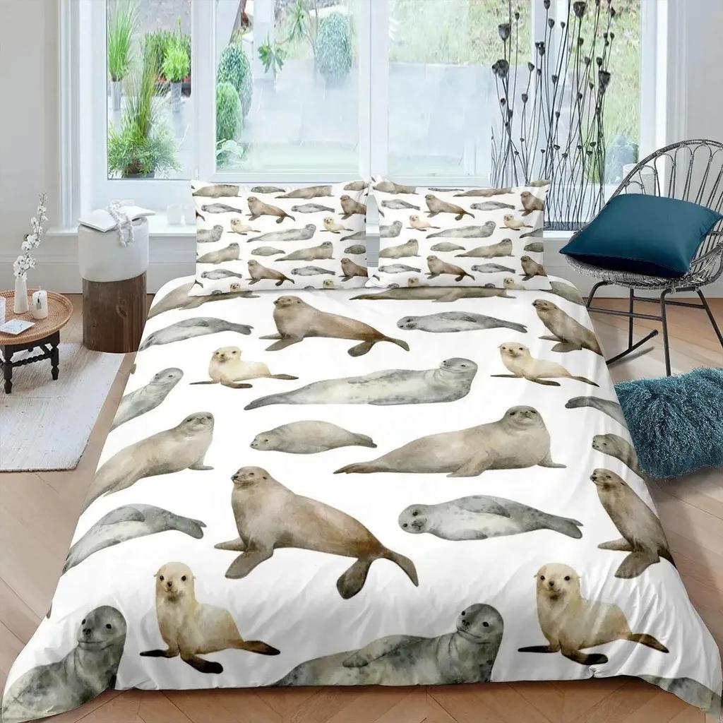 Seal Duvet Cover King Size Lovely Swimming Seal Bedding Set Cute Ocean Exotic Style 2/3Pcs Marine Life Polyester Comforter Cover
