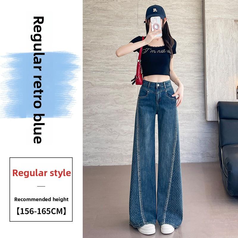

Sky Blue Rhinestone Wide-Leg Women s Jeans 2026 New High-Waisted Loose Straight Pants for Pear-Shaped Body XS темно-синий