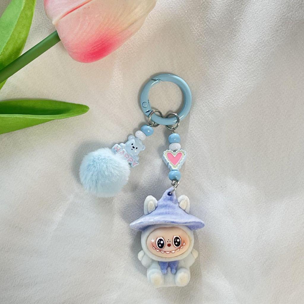 Flocking Labubu Doll Keychain - Cute 3-Year-Old Grain Doll DIY Mobile Phone Jewelry Accessory
