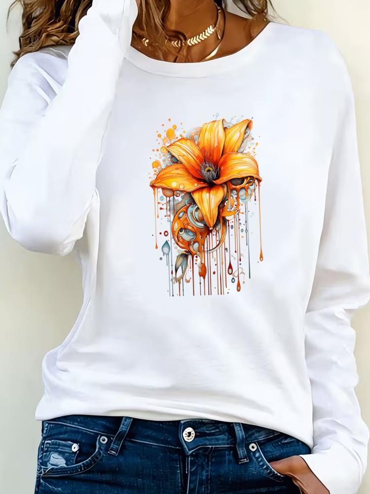 (Asian Size) watercolor flower 90s Clothing Casual  Tee Lady Printed o-neck Long Sleeve T Shirt Women Female Fashion Top Graphic T-shirts