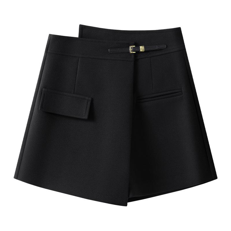 

2024 Женские асимметричные кюлоты из шерсти цвета хаки: Юбка-брюки А-силуэта с высокой талией, стройнящая, осенне-зимняя, короткая S чёрный