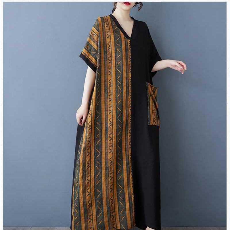 Striped Patchwork Black Long Dress Vintage Robe