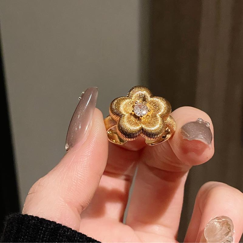 Flower Antique Vintage Brushed Tiger'S Eye Stone Open Ring Niche Retro High-End Accessories Women