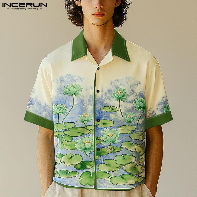 INCERUN Oversized Men Stitching Casual Loose Short Sleeve Print Shirts Tops