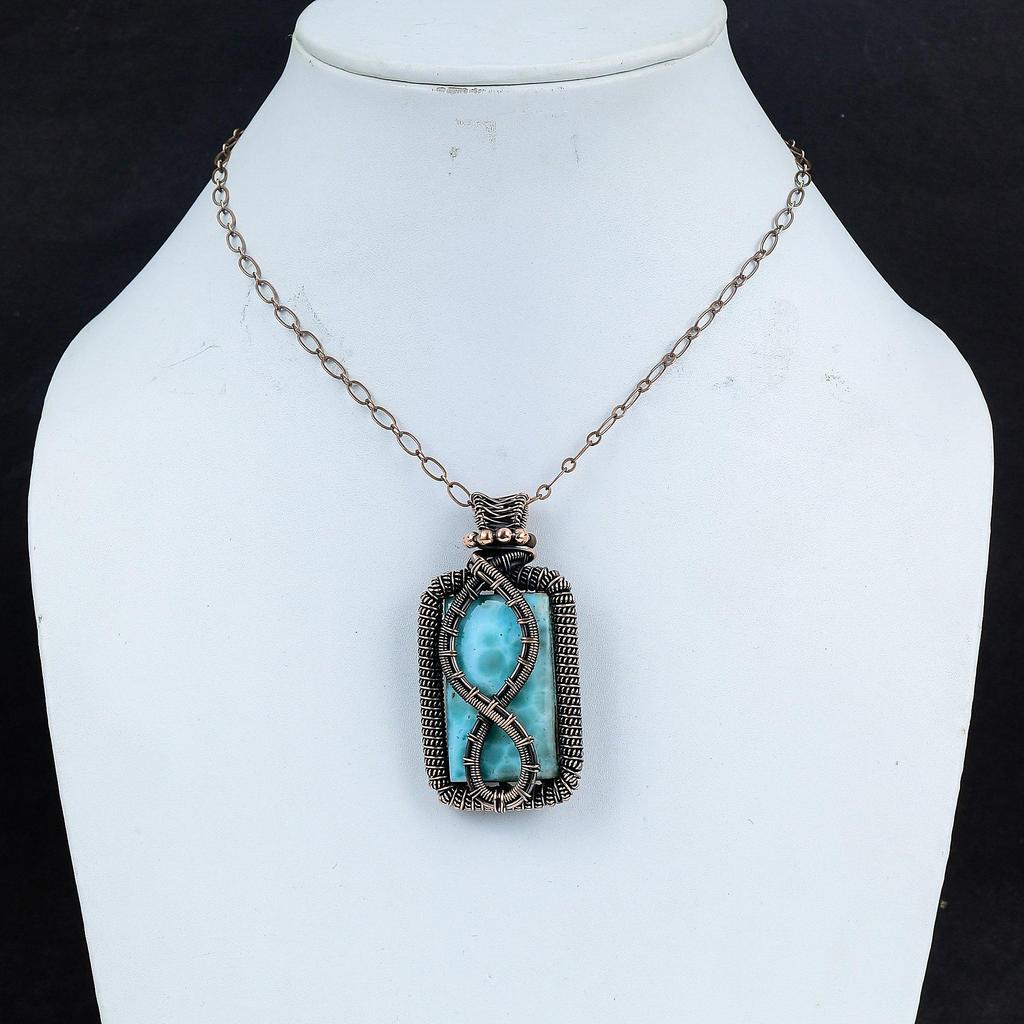 Larimar Pendant Gemstone Jewelry, 999 Copper Wire Wrapped Pendant, Handmade Jewelry Birthstone Pendant, Gift For Him