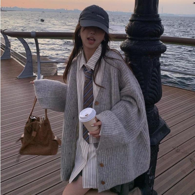 

Однотонный женский кардиган с длинными рукавами, однобортный, модный женский свитер-жакет, осенняя свободная и теплая женская рубашка One Size серый