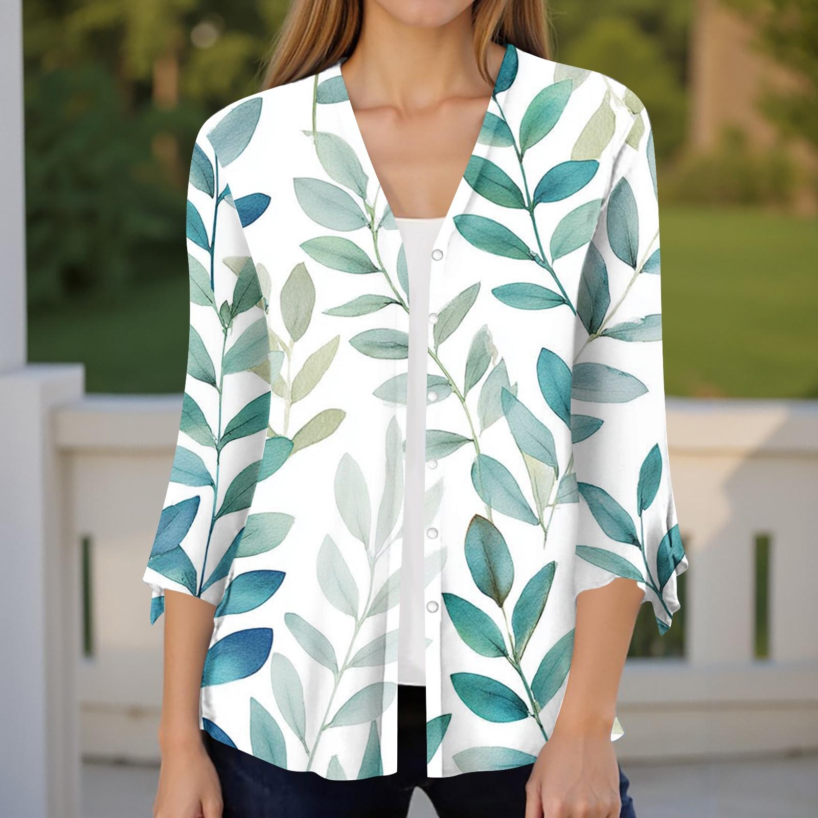 Womens Casual Blouse Floral Print V Neck Loose Fit Ruffle Sleeve Three Quarter Sleeve Button Down Shirt XXXL