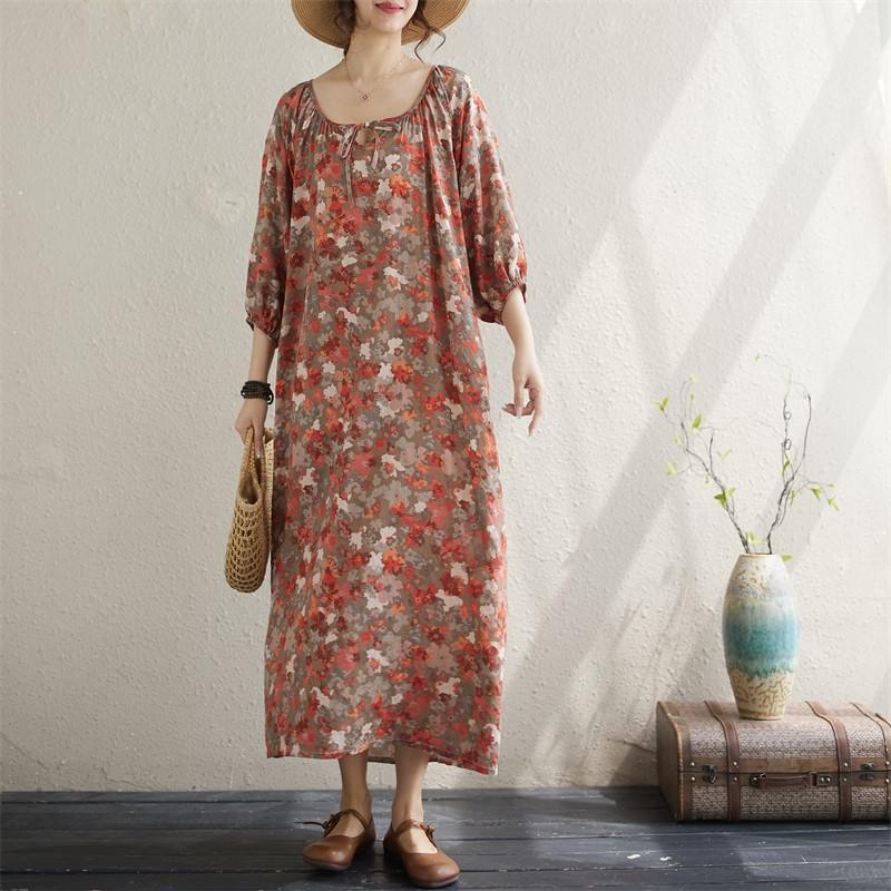 Krátký rukáv Plus size Bavlněné vintage květinové nové šaty pro ženy ležérní volné dlouhé letní šaty