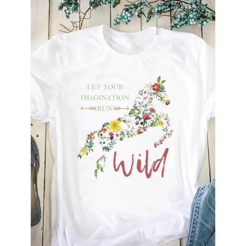 Horse Pattern Printed Women's Pure Cotton Short Sleeved Round Neck White T-Shirts Women’s