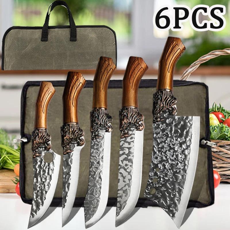 Kitchen Knife with Roll Bag Stainless Steel Butcher Slicing Knife Cooking BBQ Chef Knife Professional Forged Boning Knife