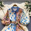 Summer Elegant Midi Patchwork Dress for Women Lapel 3/4 Sleeve Wave Point Breasted Female Design Vestidos New In 2024 Chic