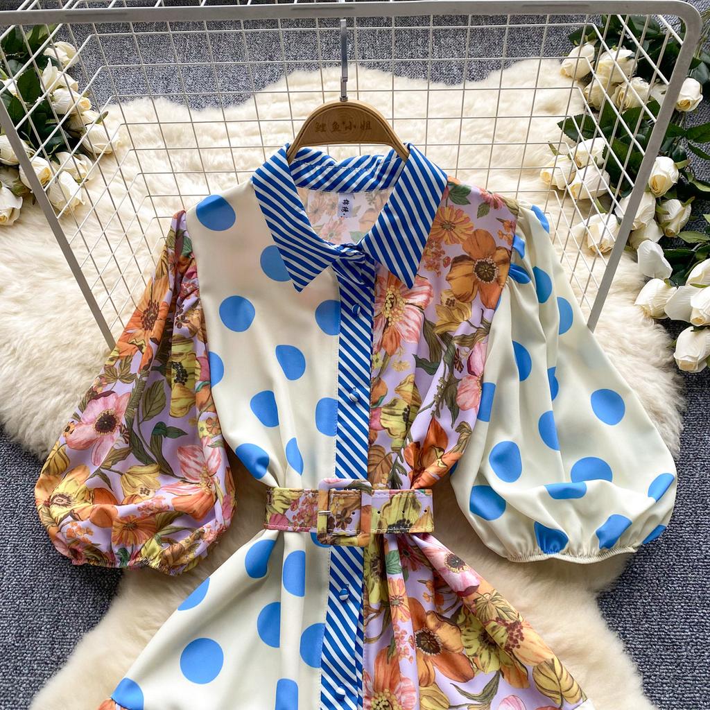 Summer Elegant Midi Patchwork Dress for Women Lapel 3/4 Sleeve Wave Point Breasted Female Design Vestidos New In 2024 Chic