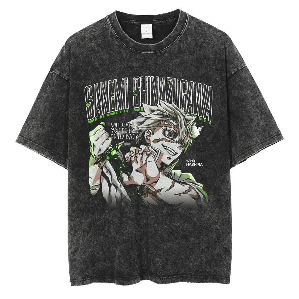 Anime Demon Slayer Rengoku Kyoujurou Print T Shirt Men Women Washed Cotton Tshirts Manga Tee Harajuku Male Casual Loose T-shirt