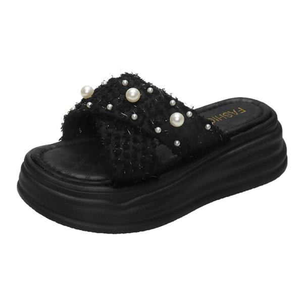 Fashion Cross-Tied Shoes Woman 2025 Low House Slippers Platform Pantofle String Bead Summer New Cotton Fabric Slides Rome Rubber PU Hoof