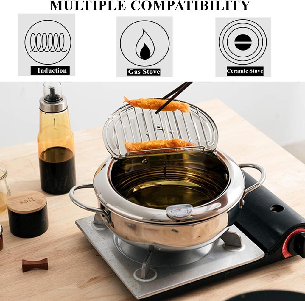 Stainless Steel Deep Fryer Pot, Frying Chicken Pot, Tempura Deep Fryer with a Thermometer and a Lid, Japanese Style Te