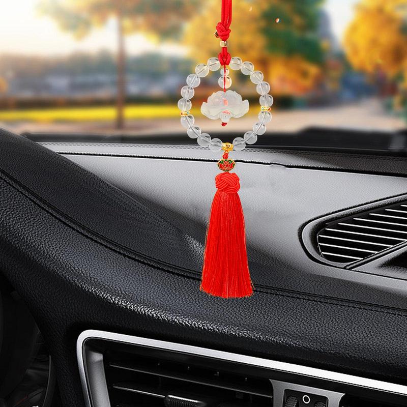 Chinese Blessing Lotus Glass Car Mirror Hanging Pendant Rearview Charm for Home and Car Decoration