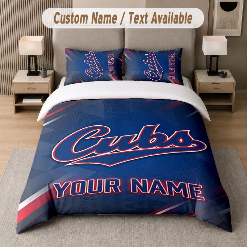 Custom Bedding Set Chicago Cubs Pattern, Print Name Text 1 Duvet Cover plus 2 Pillowcases Home Textile
