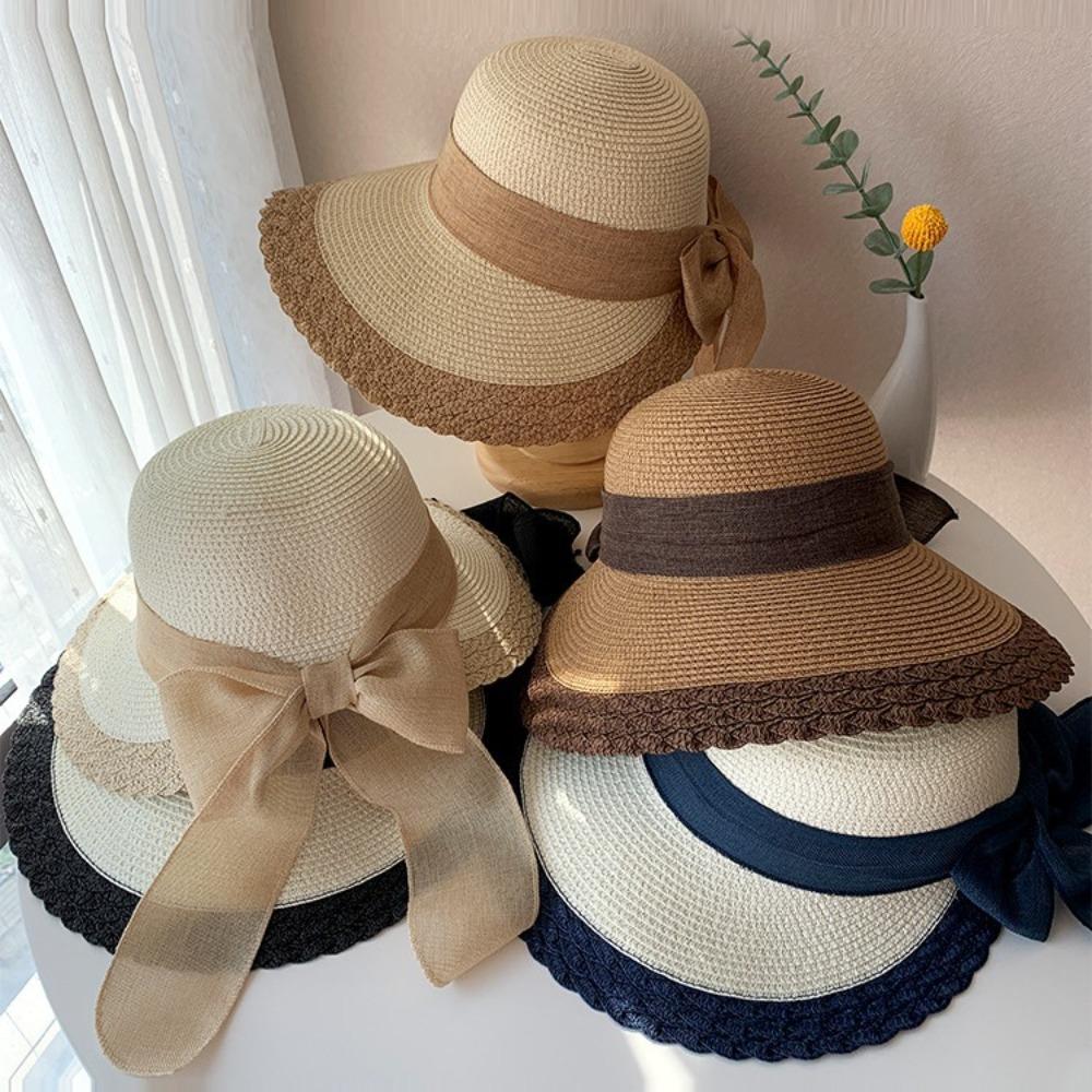Hollow Out Big Brimmed Woven Cap Portable Bow Fisherman Cap Straw Weaving Beach Hat  Spring