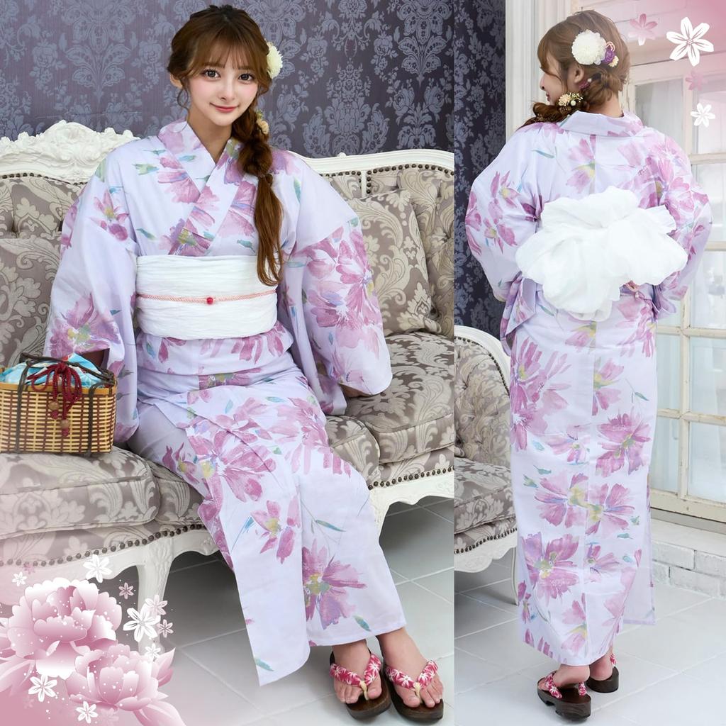 RAVIR Yukata Pale Purple with Large Pink Floral Fluffy Obi and Geta Free Size Women's 3-Piece Set, Pattern, Belt, Sandals, (Pink)