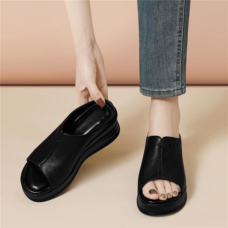 Soft-soled casual leather sandals comfortable spring and summer new outer slippers heightened thick-soled wedge heel fish mouth sandals