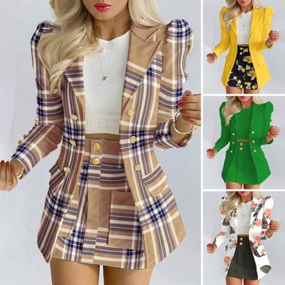 Conjunto de 2 peças/conjunto de casaco e saia, estilo formal de negócios, estampa xadrez, gola virada para baixo, jaqueta de comprimento médio, cintura alta, mini saia evasê, roupa de escritório para deslocamento
