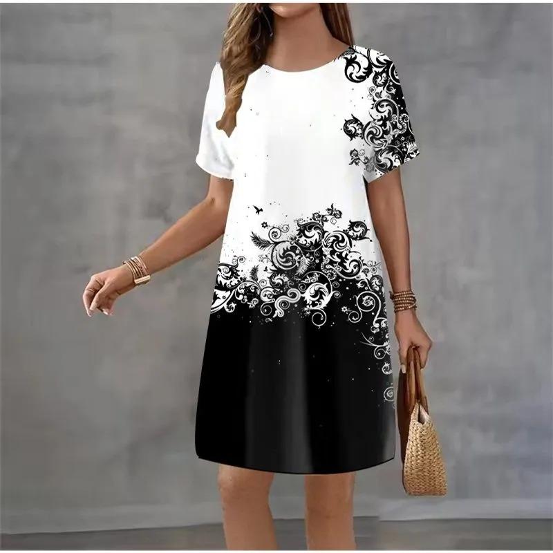 Summer Ladies 3D Printed Short Sleeve Dress Fashion Versatile Trend Breathable Casual