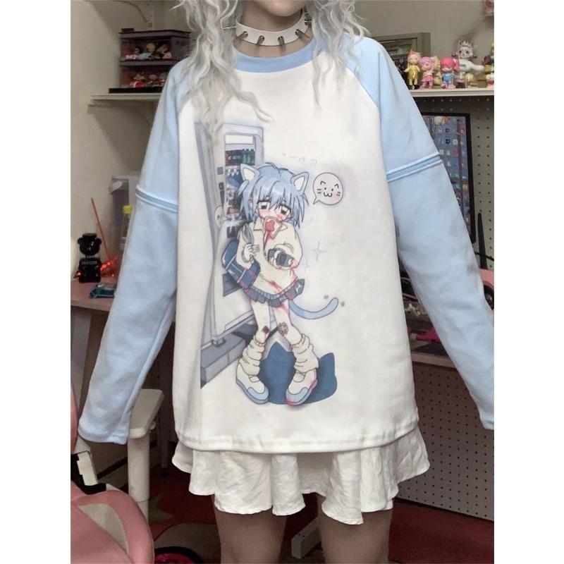 2KWEIRD Y2k Ästhetik Abnehmbarer Ärmel T-Shirt Damen Kawaii Katzenprint Grunge Oberteile Japanisches Harajuku T-Shirt Fairycore E-Girl Streetwear