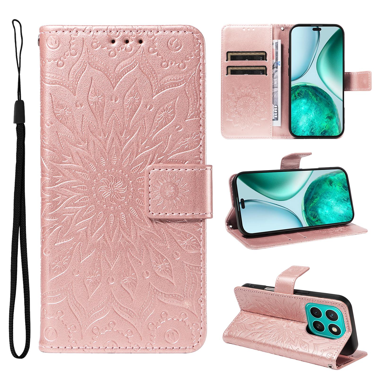 

Шкіряний чохол-гаманець для Honor X8c 4G з тисненням соняшника Rose Gold