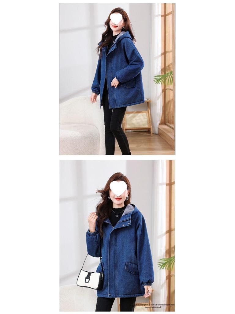 Damjacka i denim med huva och plyschfoder, medellång, stora storlekar, casual, Höst/Vinterkollektion 2025