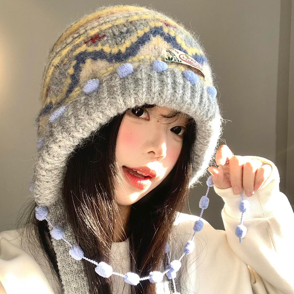 Fair Island retro knitted balaclava hat women's autumn and winter face small balaclava hat thickened warm ear protection hat