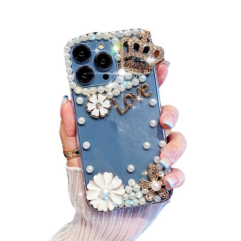 For IPhone16promax Transparent Flower Pearl Mobile Phone Case for Apple 15 Crown Love Female 14plus