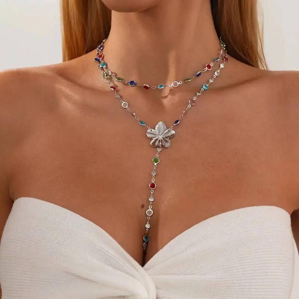 SHIXIN Boho Sexy Colorful Crystal Long Y-Shaped Necklace Women Y2K Aesthetic Metal Clavicle Chain Gold Color Neck Jewelry Gifts
