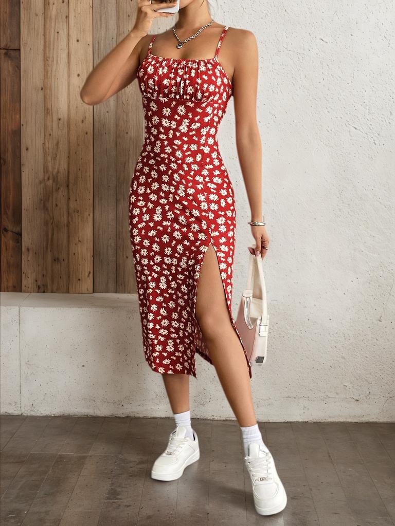 Summer New Dress, Fashion Printed Suspender Pleated Split Suspender Dress