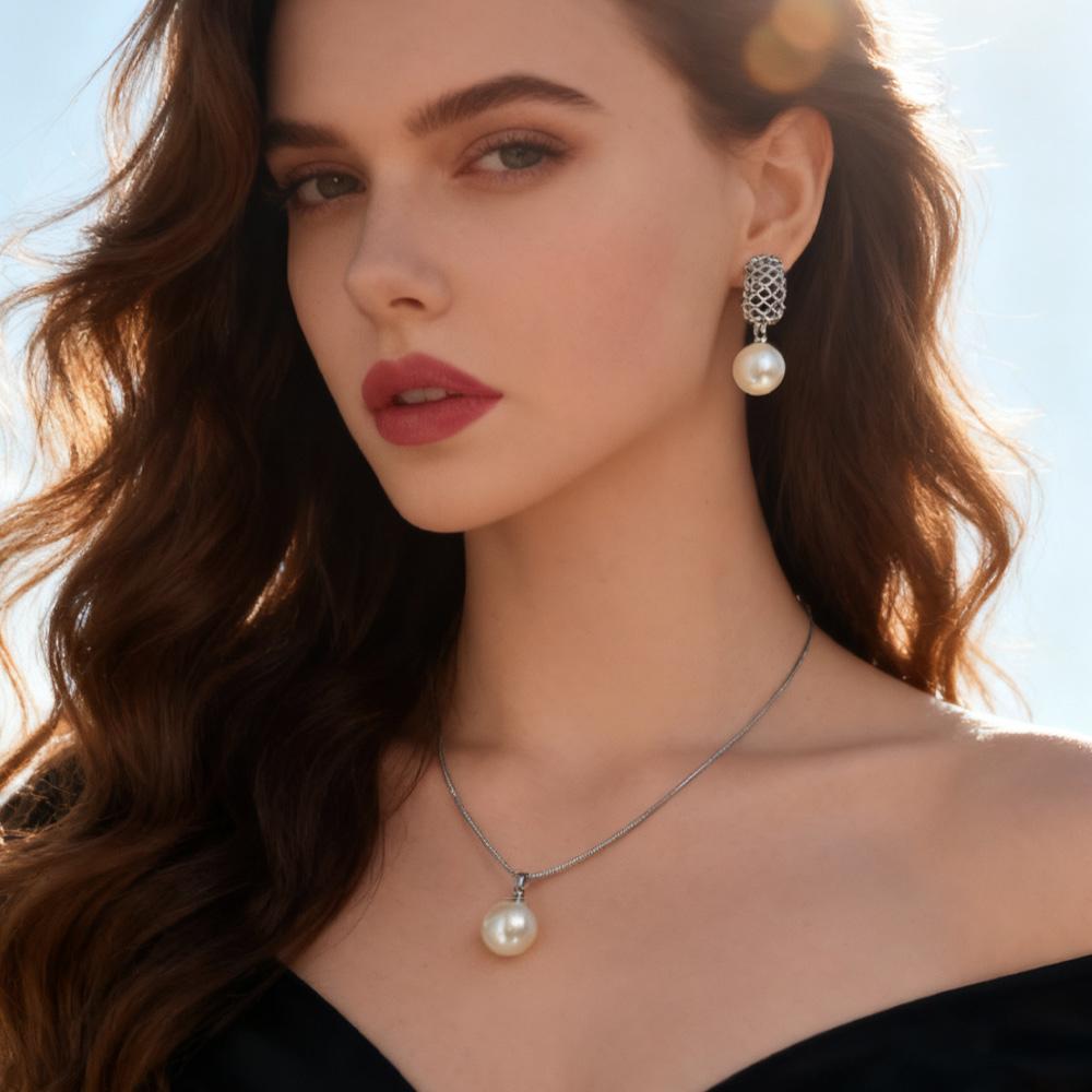Imitation Pearl Necklaces Earrings Sets For Women Fashion Flower Cubic Zirconia Pendant with Chain Birhday Gift