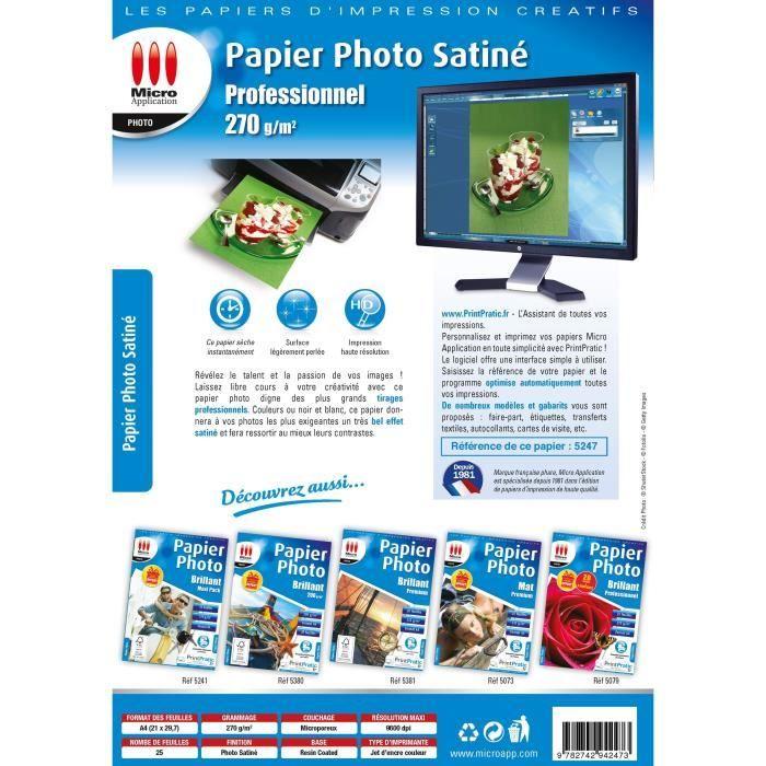 Papier Photo Satiné A4 - MICRO APPLICATION - Professionnel - 270 g/m² - Excellente tenue